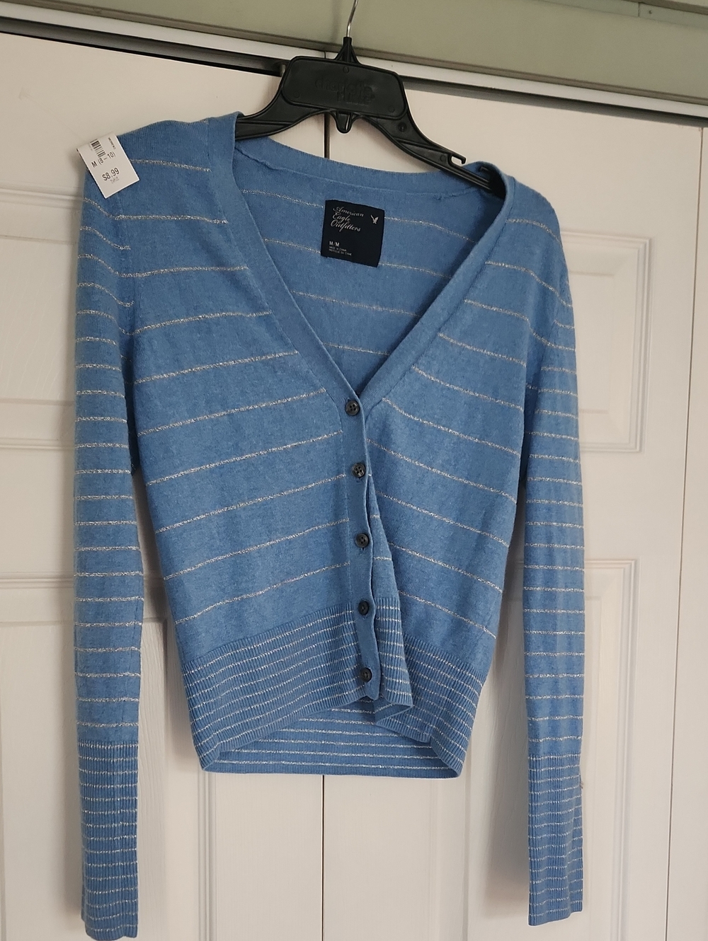 American Eagle Outfitters Light Blue V-Neck Striped Cropped Button Cardigan